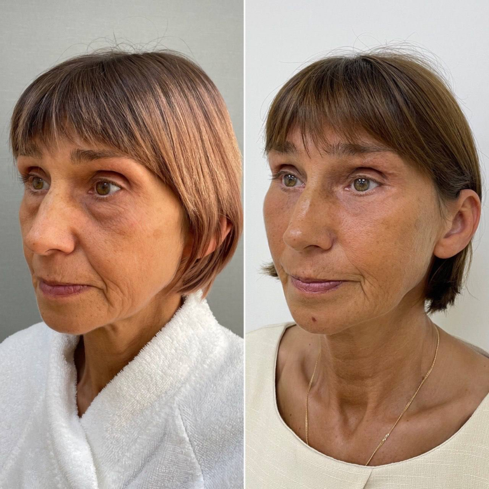 Пациентка пластического хирурга Марины Четвериковой до и после комплексной омолаживающей операции.
